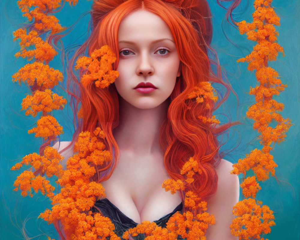 Vibrant red-haired woman among orange flowers on teal-blue backdrop