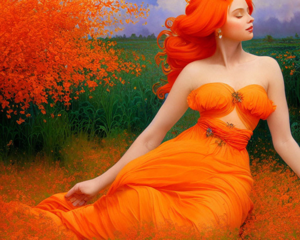 Woman with Red Hair in Orange Dress Sitting in Field of Orange Flowers