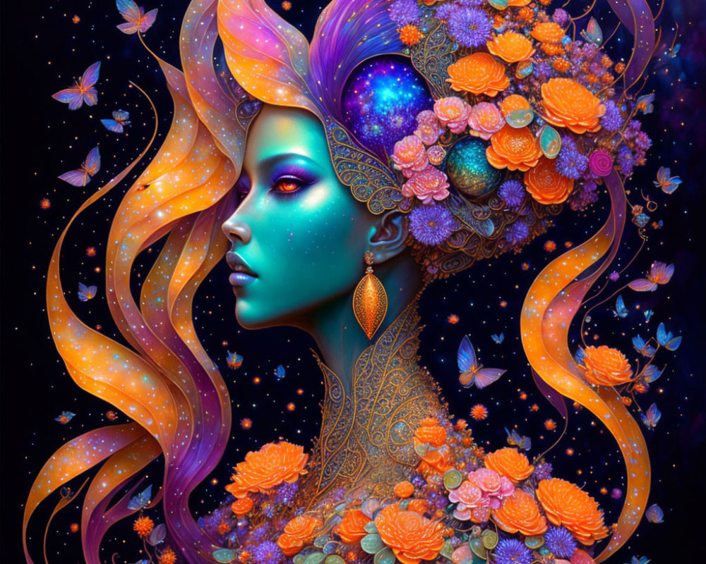 Vibrant illustration of a woman with blue skin and orange hair surrounded by flowers and celestial elements