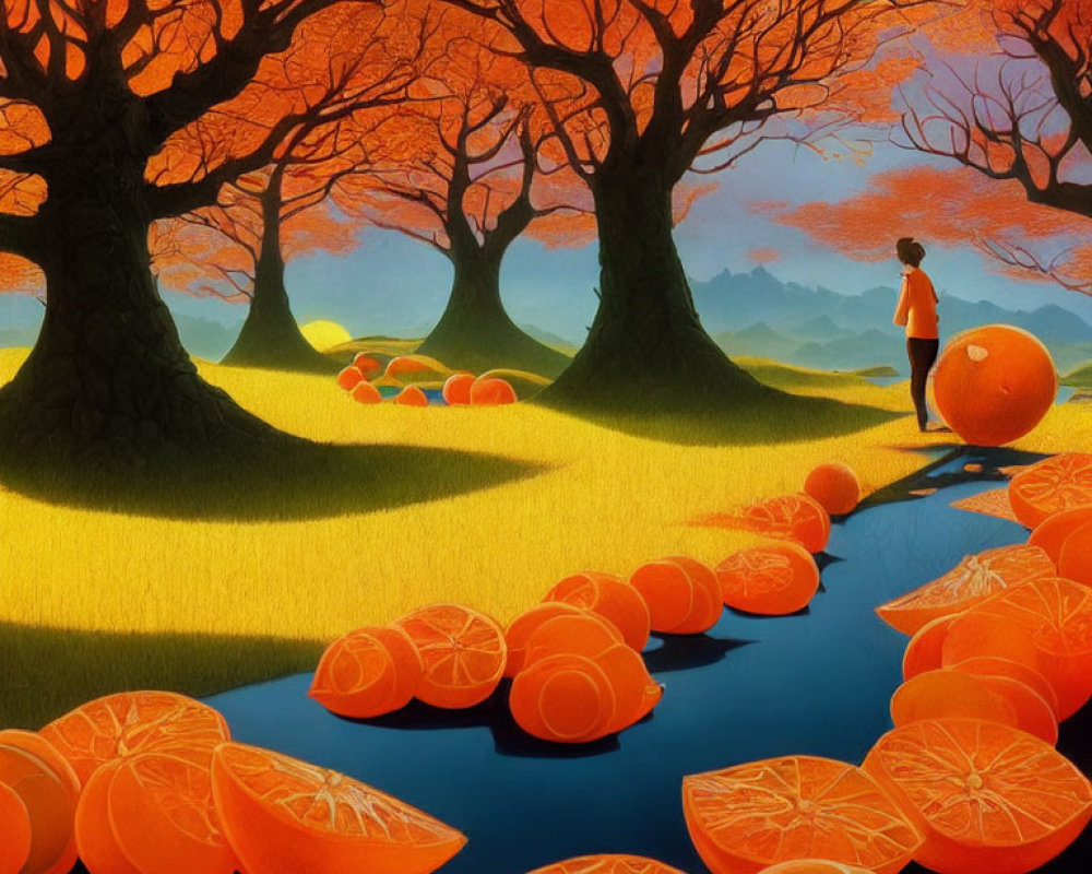 Person standing by river under orange tree canopies with surreal orange slices.