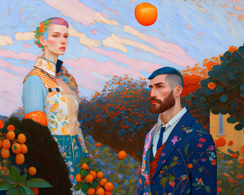 Stylized illustration of man and woman in ornate clothing among orange trees under cloudy sky