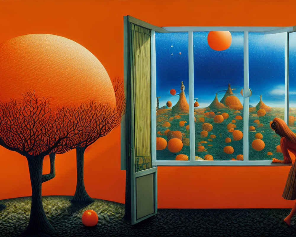 Woman gazes from window at surreal orange landscape