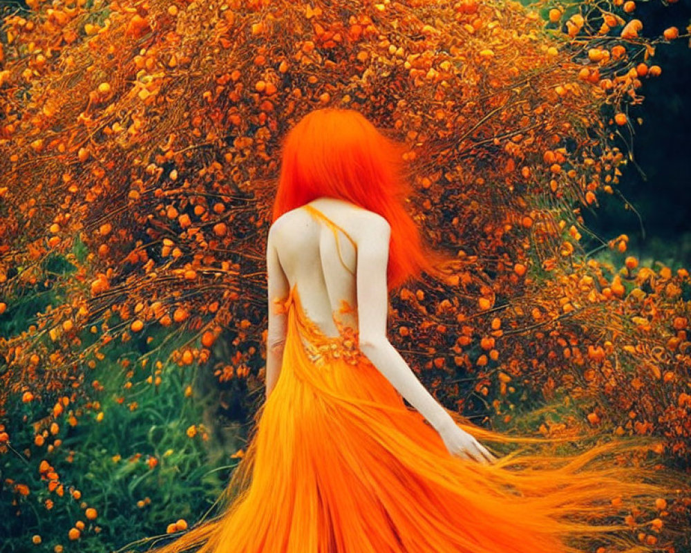 Vibrant orange-haired woman merges with blossoming orange tree in lush green setting.