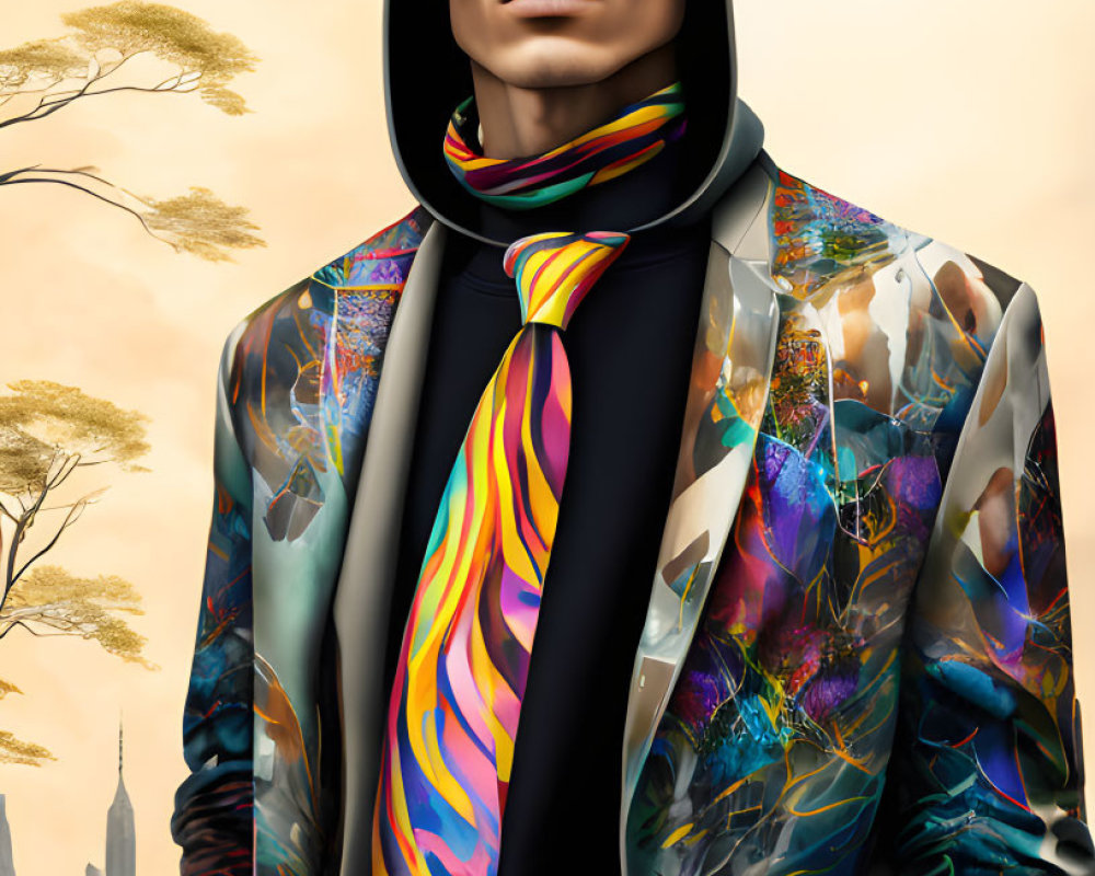 Colorful abstract blazer and scarf on stylish man with urban skyline and autumn trees.