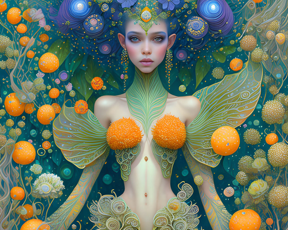 Fantastical portrait of female figure with green skin and botanical elements on vibrant backdrop.