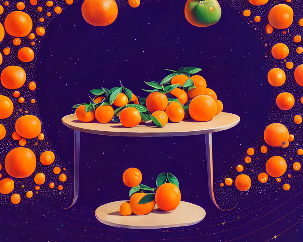 Surreal cosmic scene with floating oranges on table