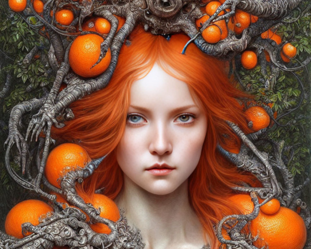 Surreal portrait of woman with red hair and oranges in nature setting