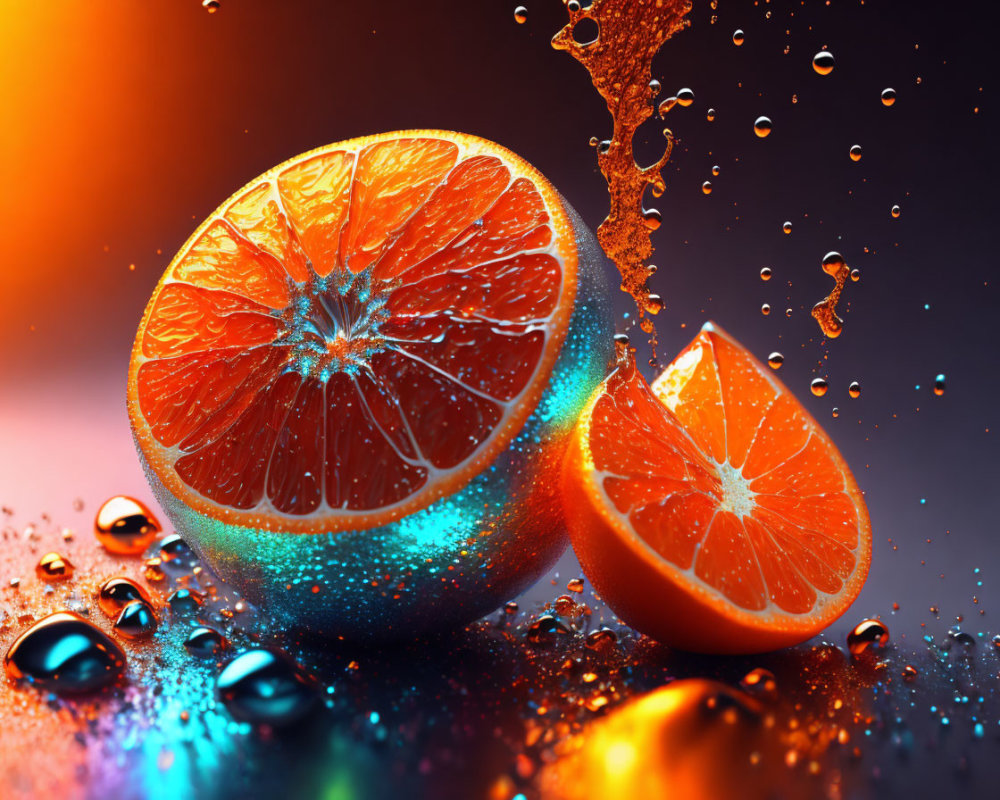 Colorful sliced oranges with water droplets and splash on gradient background.