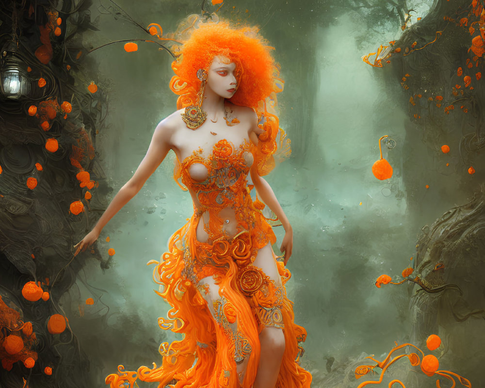 Vibrant orange-haired woman in intricate golden dress amidst mystical green forest.