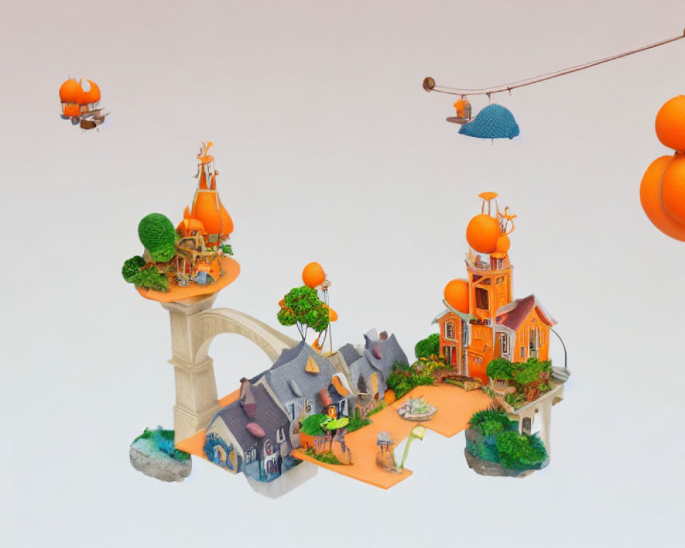 Miniature floating island with orange buildings and airships in a whimsical scene