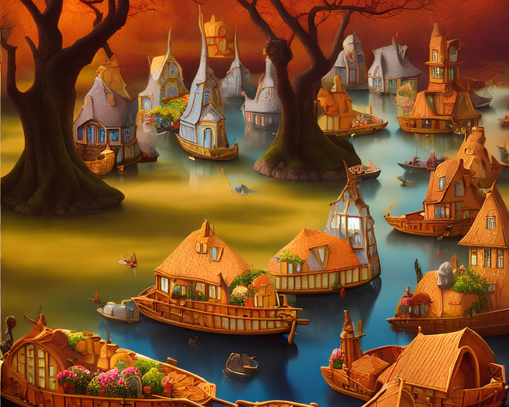 Autumnal village with cozy houses by calm waters & orange sky