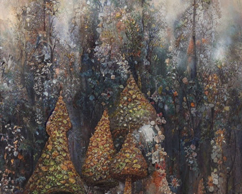 Fantasy forest painting with tall mushroom-shaped trees and misty sky