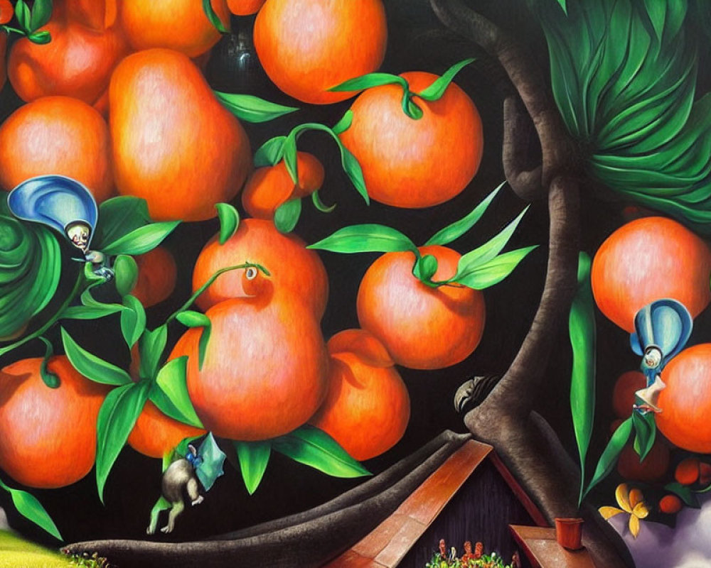 Whimsical painting of oversized peaches on a tree with tiny figures in lush green setting