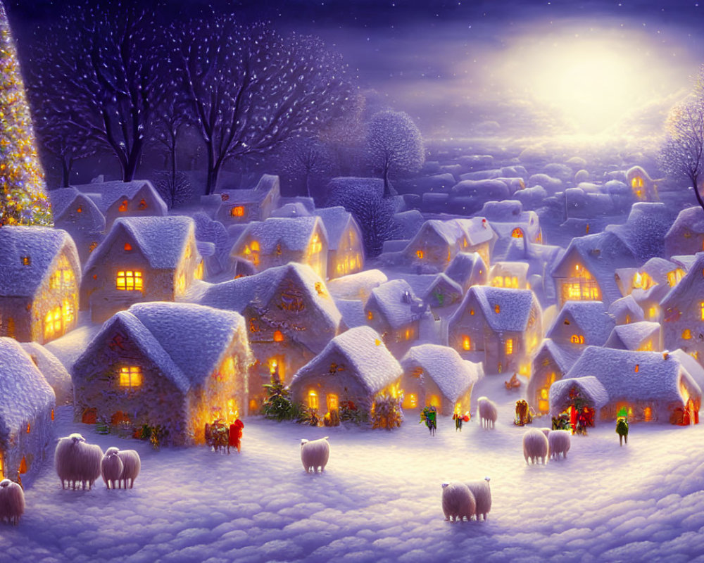 Snowy Winter Village Night Scene with Christmas Tree & Festive Atmosphere