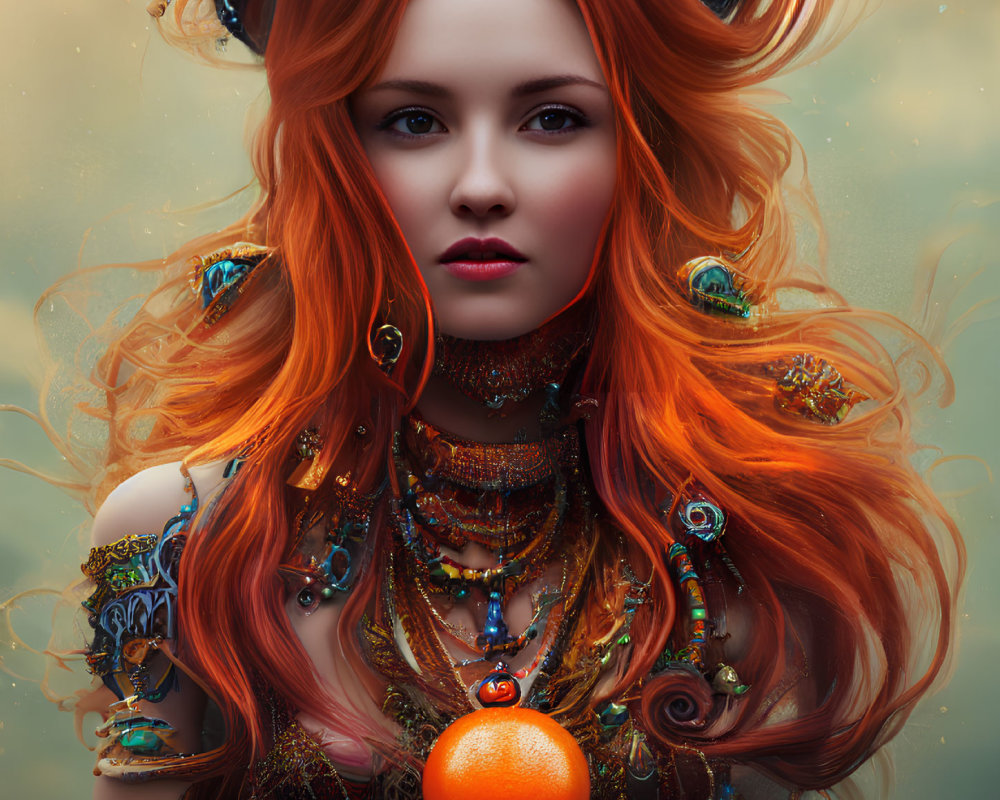 Portrait of woman with red hair, gold jewelry, holding an orange in autumn setting