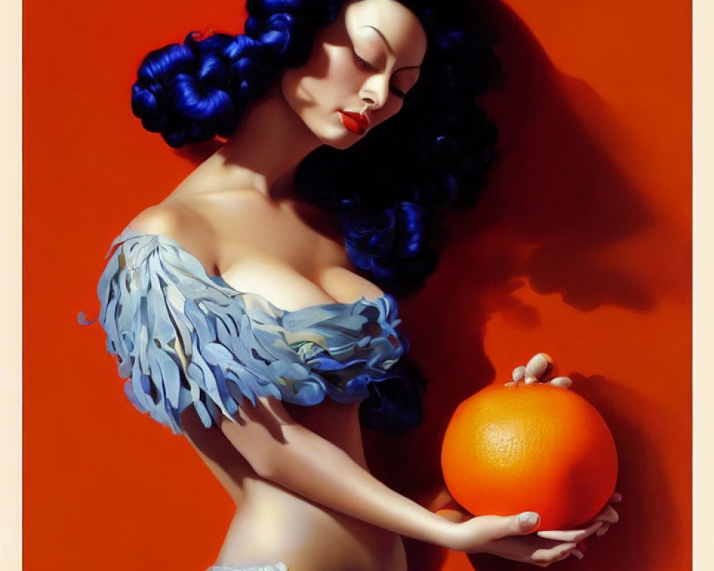 Stylized painting of woman with blue hair holding orange on red background