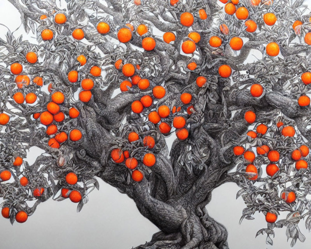 Detailed illustration of twisted trunk orange tree with ripe oranges on branches