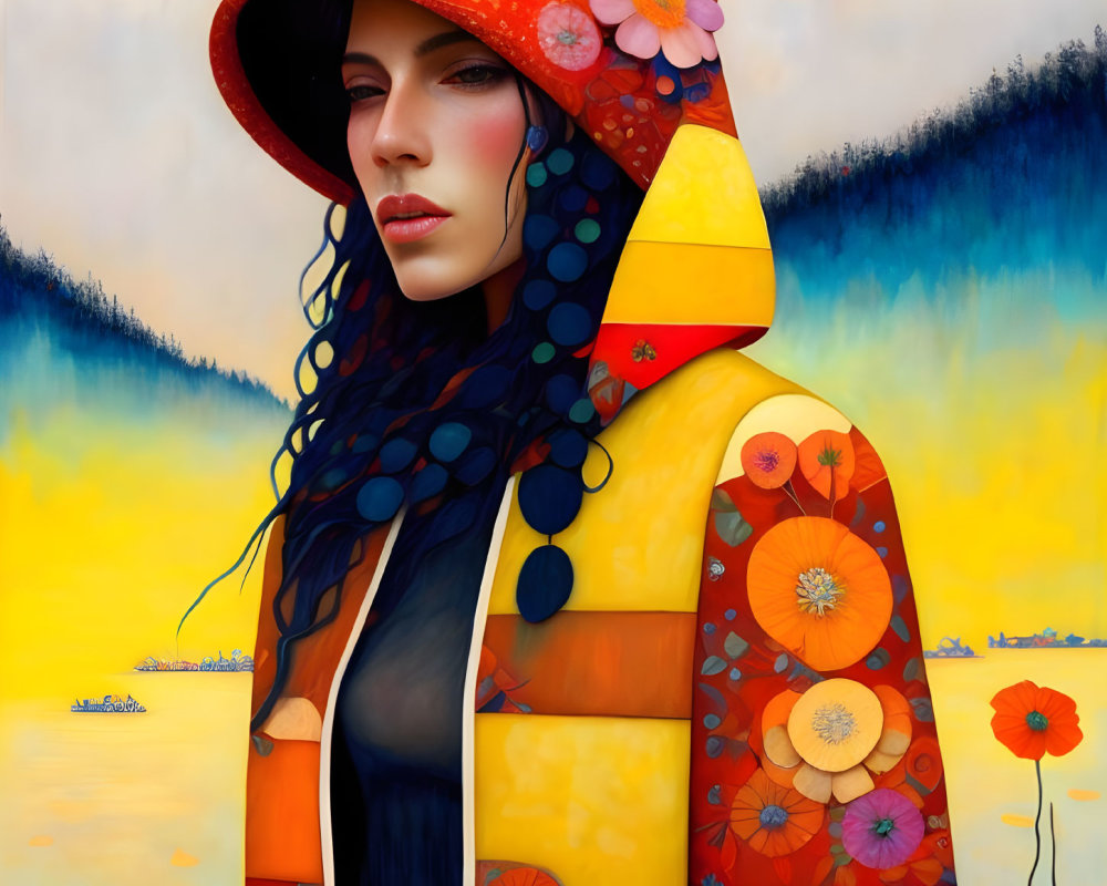 Colorful digital artwork: Woman in floral hood and jacket on gradient backdrop with water and hills