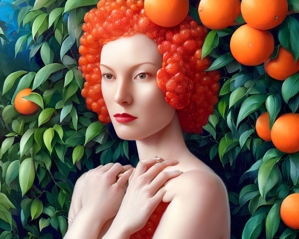 Vibrant orange hair portrait surrounded by oranges and green leaves