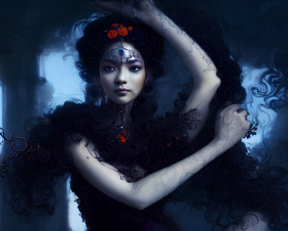 Elegant woman in ornate headpiece and dark dress against misty blue backdrop