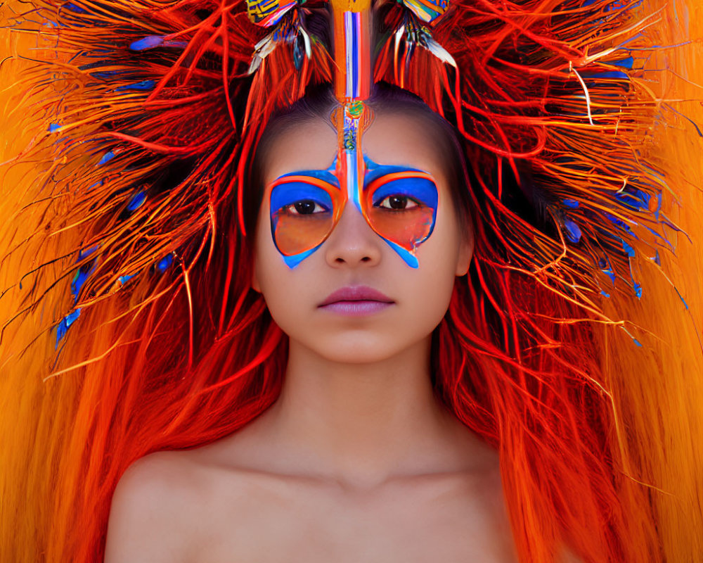 Vibrant orange feather headdress and bold blue face paint portrayal