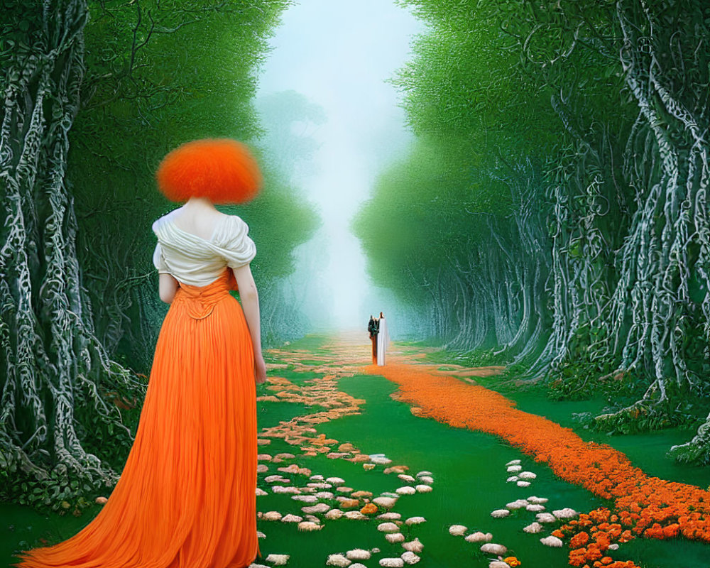 Person in orange dress with red hair in lush forest scene