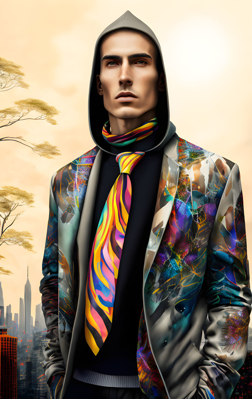 Colorful abstract blazer and scarf on stylish man with urban skyline and autumn trees.