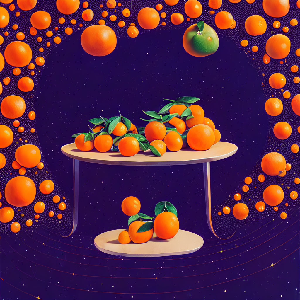 Surreal cosmic scene with floating oranges on table