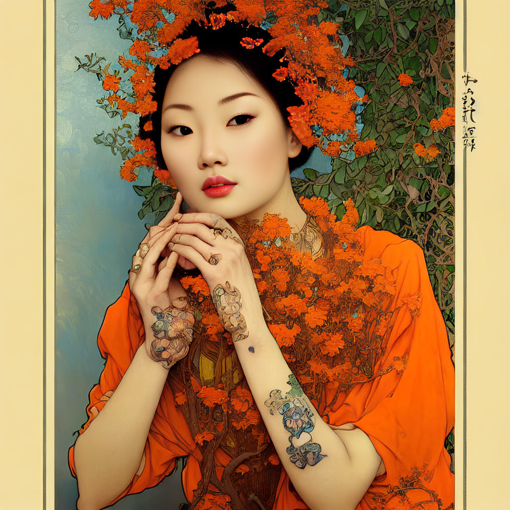 Illustrated portrait of woman with floral tattoos in orange dress among matching flowers on blue background