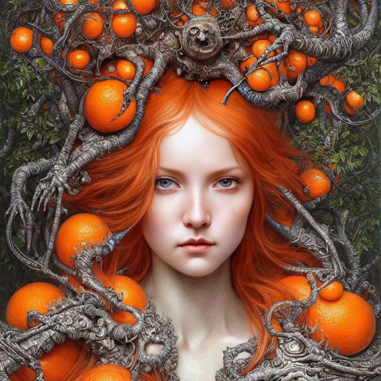 Surreal portrait of woman with red hair and oranges in nature setting