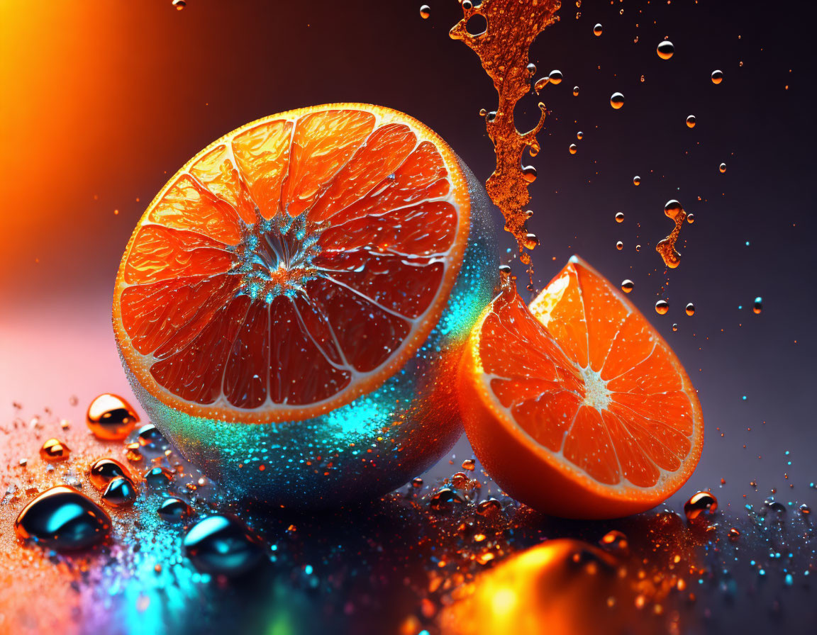 Colorful sliced oranges with water droplets and splash on gradient background.