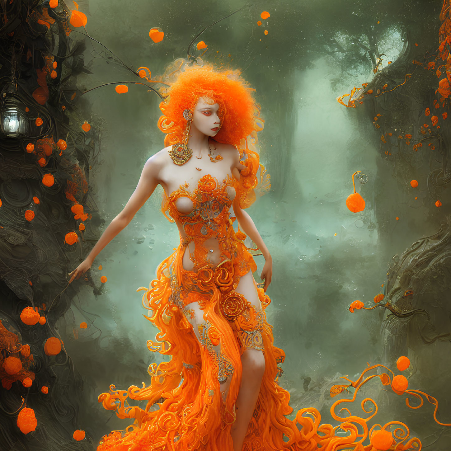 Vibrant orange-haired woman in intricate golden dress amidst mystical green forest.