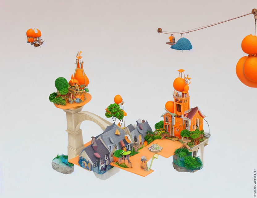 Miniature floating island with orange buildings and airships in a whimsical scene