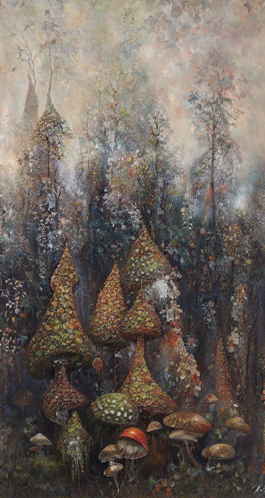 Fantasy forest painting with tall mushroom-shaped trees and misty sky