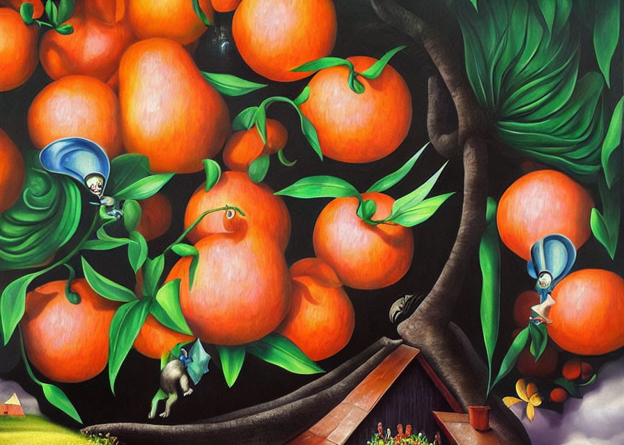 Whimsical painting of oversized peaches on a tree with tiny figures in lush green setting