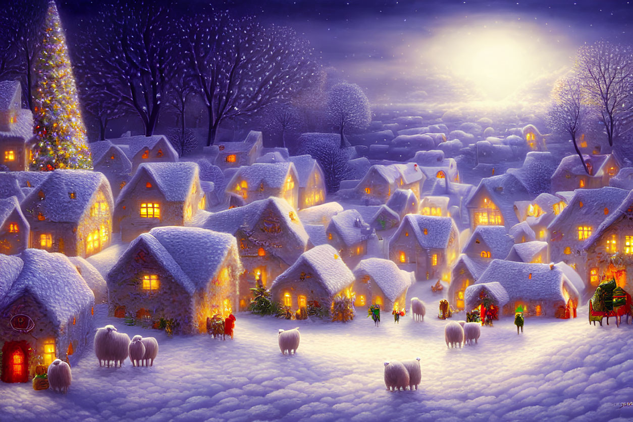 Snowy Winter Village Night Scene with Christmas Tree & Festive Atmosphere