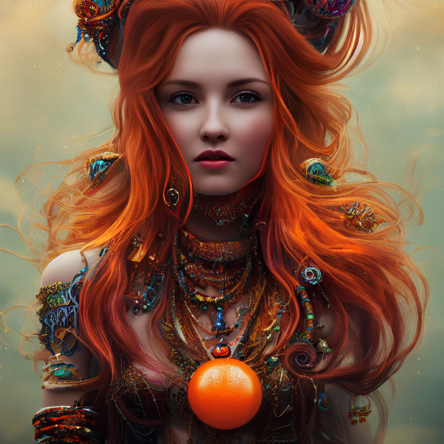 Portrait of woman with red hair, gold jewelry, holding an orange in autumn setting