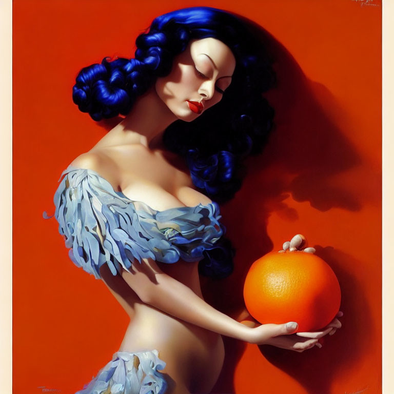 Stylized painting of woman with blue hair holding orange on red background