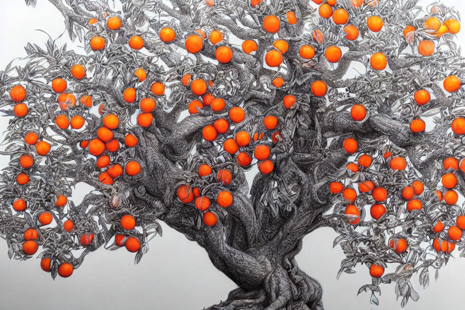 Detailed illustration of twisted trunk orange tree with ripe oranges on branches