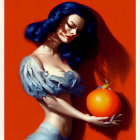 Stylized painting of woman with blue hair holding orange on red background