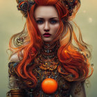 Portrait of woman with red hair, gold jewelry, holding an orange in autumn setting