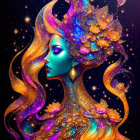 Vibrant illustration of a woman with blue skin and orange hair surrounded by flowers and celestial elements