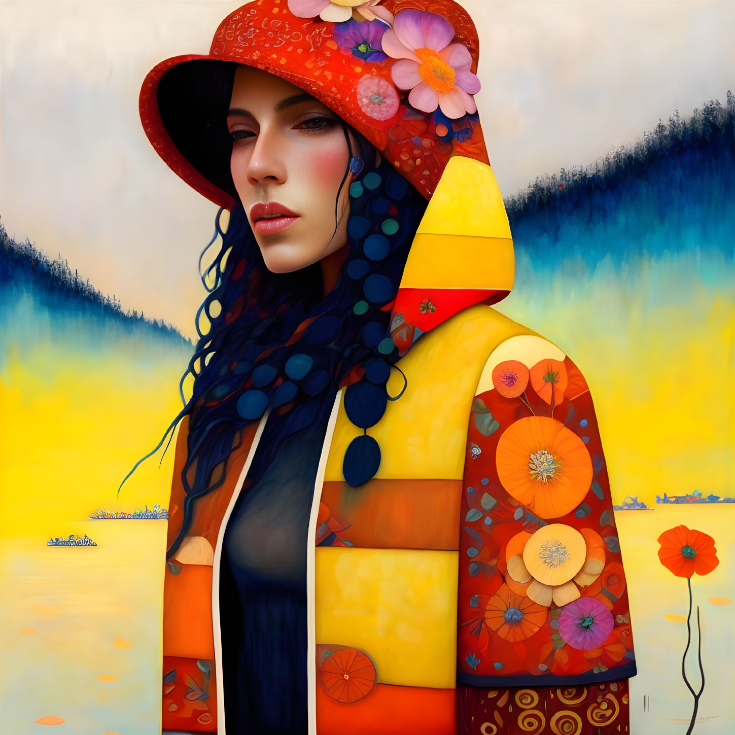 Colorful digital artwork: Woman in floral hood and jacket on gradient backdrop with water and hills