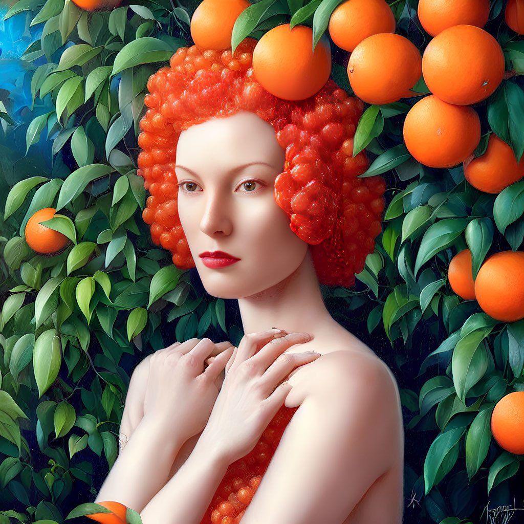 Vibrant orange hair portrait surrounded by oranges and green leaves