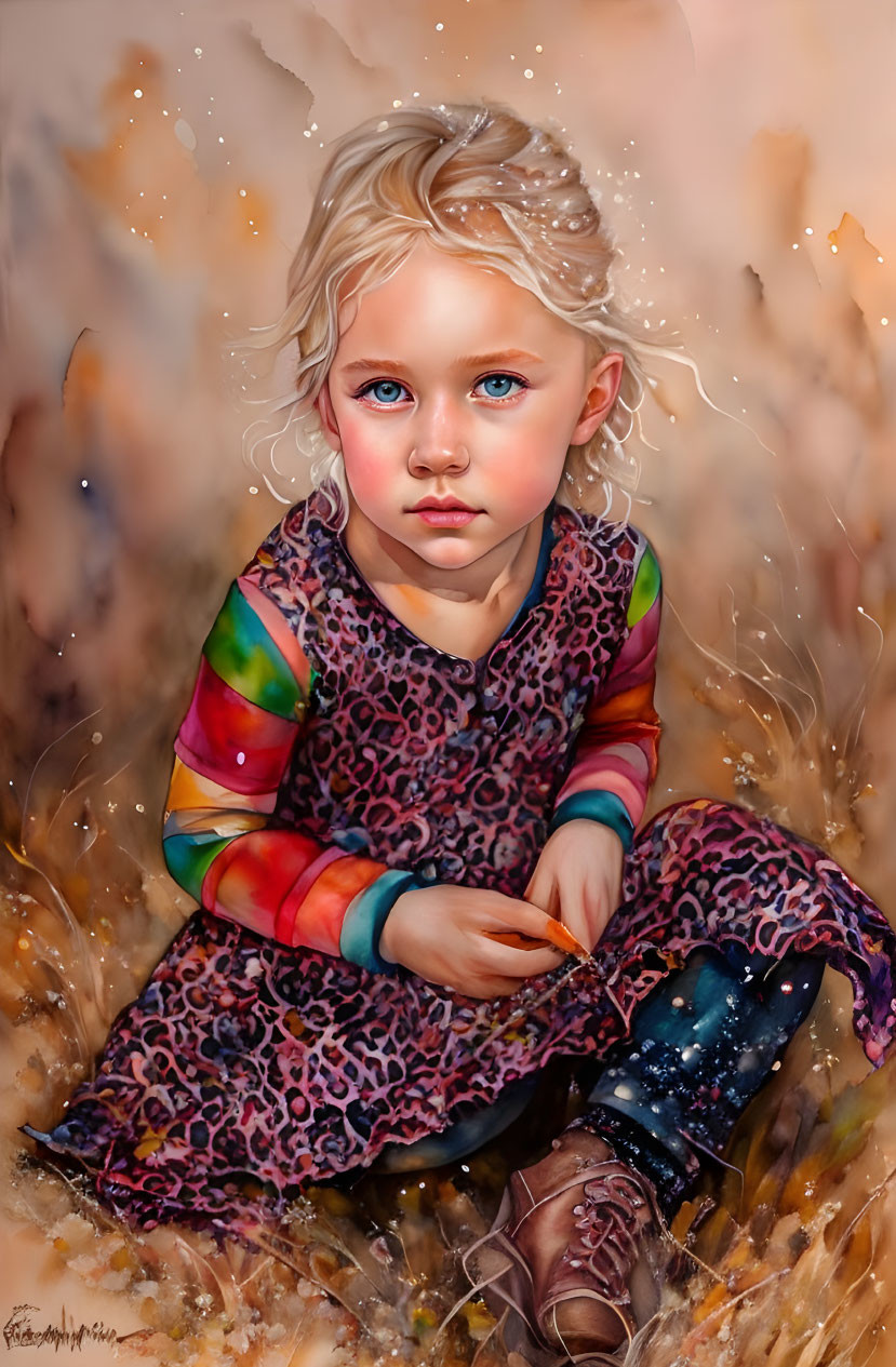 Digital artwork: Young girl with blonde curly hair and blue eyes in colorful dress and boots, against whims