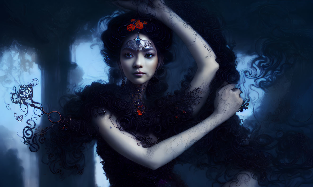 Elegant woman in ornate headpiece and dark dress against misty blue backdrop