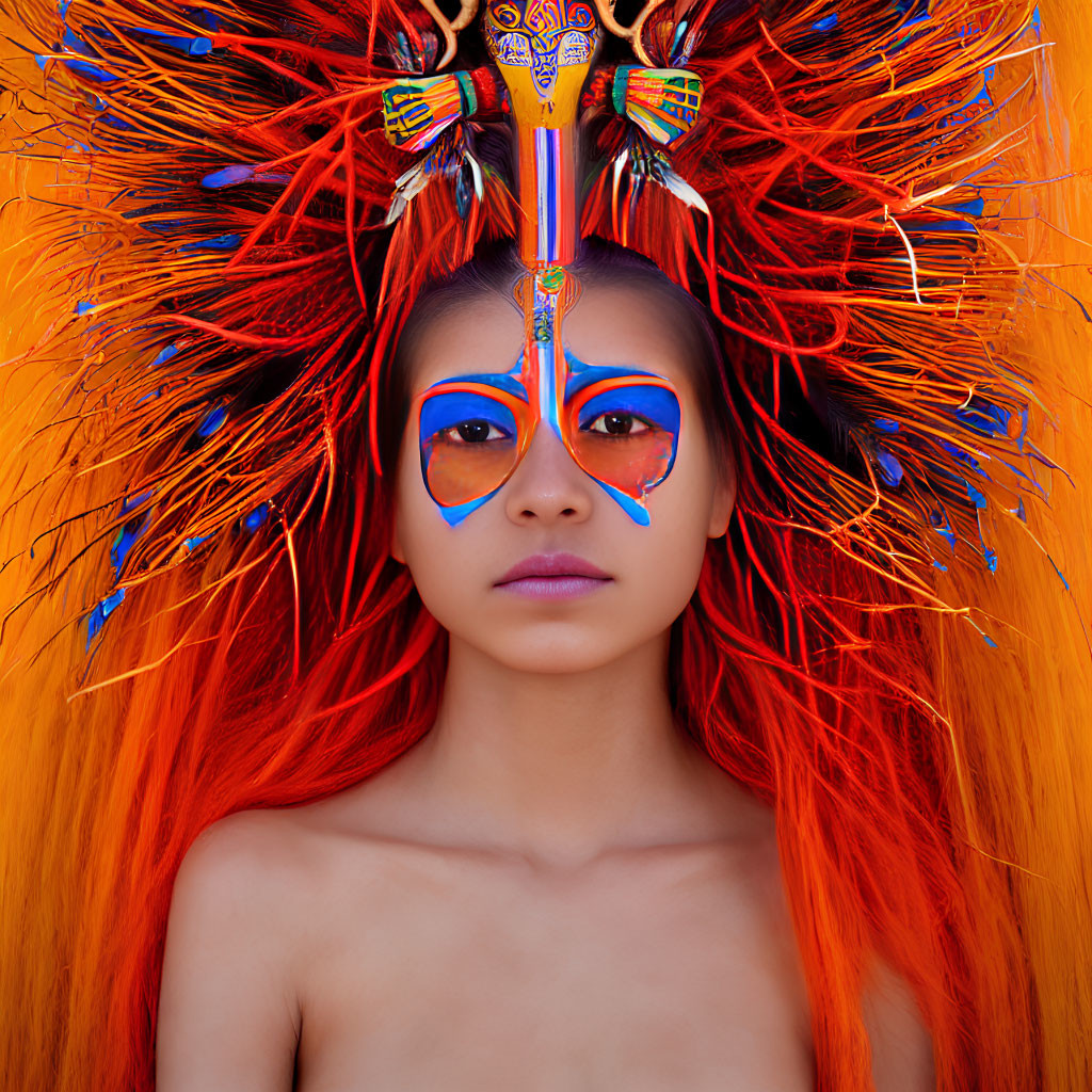 Vibrant orange feather headdress and bold blue face paint portrayal