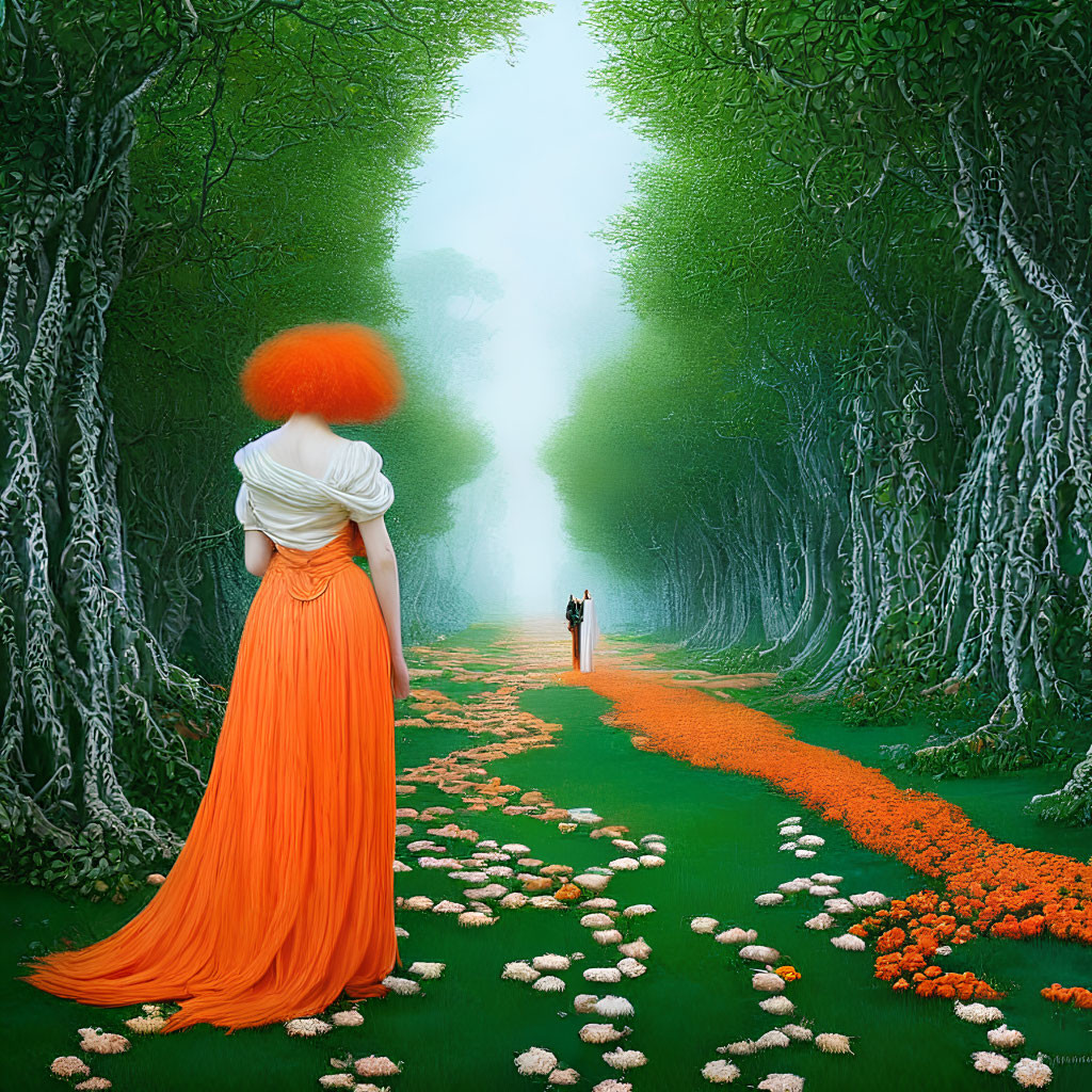 Person in orange dress with red hair in lush forest scene