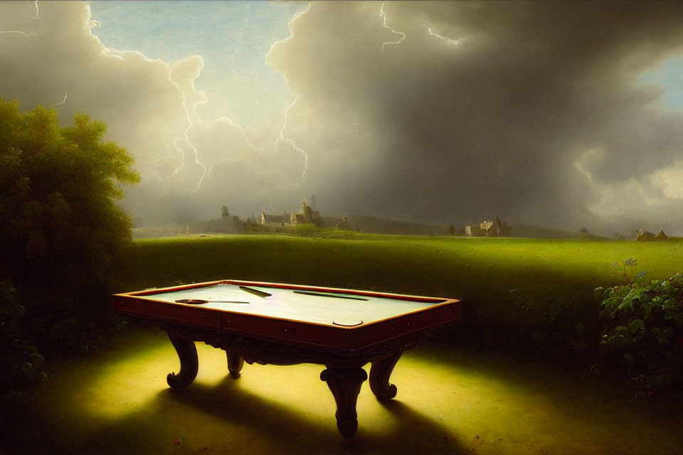 Surreal landscape with billiard table, dramatic sky, lightning, and distant castles