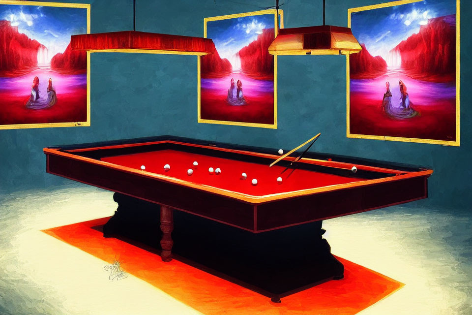 Surreal art: Billiard table, cue, balls, lamps, woman on water, fiery